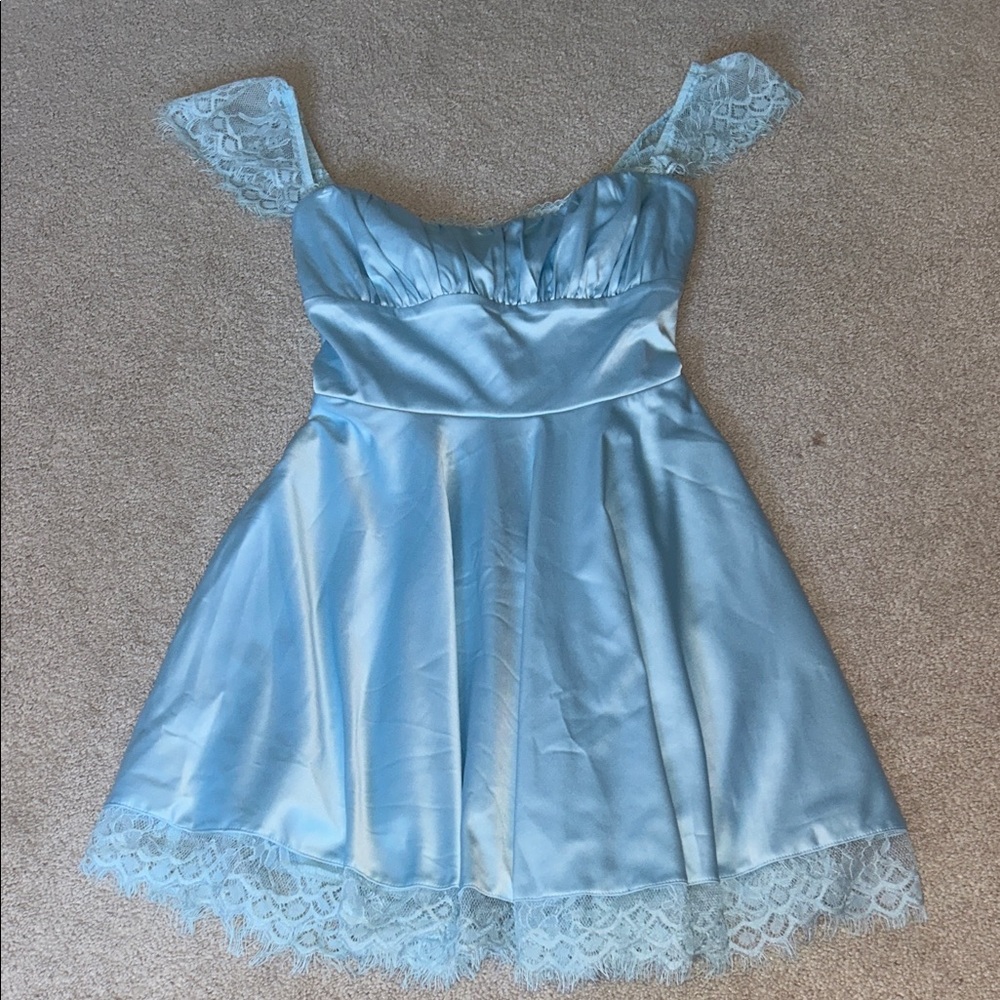 Women’s Light Blue Lace-Trim Satin Dress